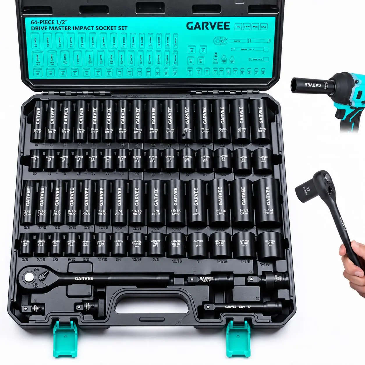 Garvee 1/2" Impact Socket Set 64 PCS, SAE(3/8 to 1-1/4") & Metric(10-24MM) Garvee 1/2" Impact Socket Set 64 PCS, SAE(3/8 to 1-1/4") & Metric(10-24MM)