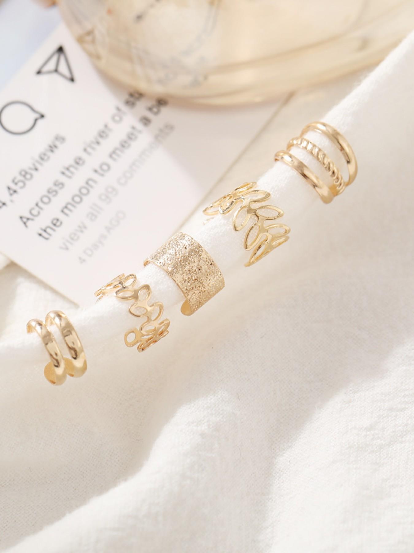 5 Pcs Creative Hollow Out Gold/silver Color Alloy Earrings, No Piercing Ear Clip, Elegant Ethnic Style, All Seasons Fashion Accessory