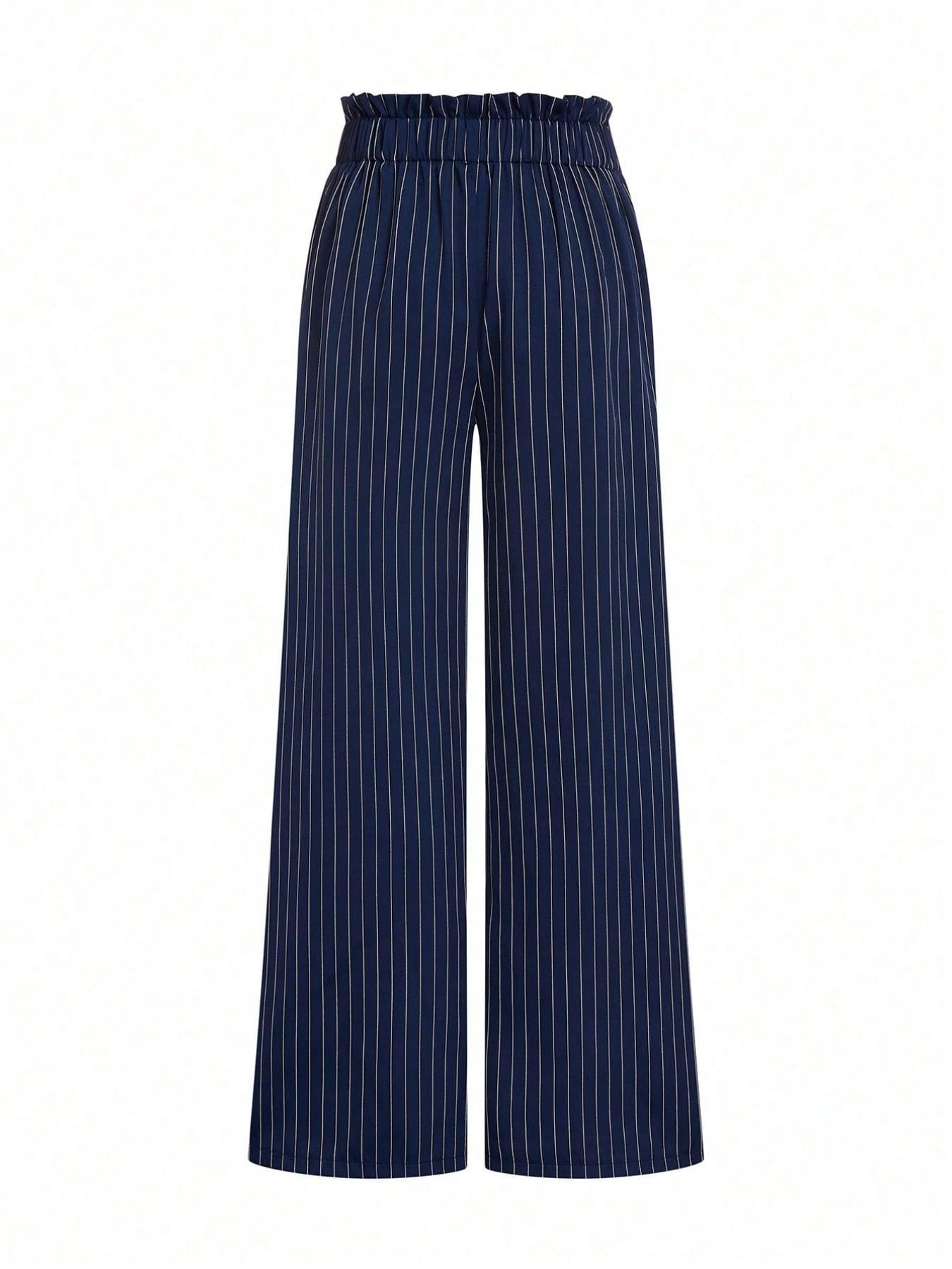 Women's New Navy Striped Suit Pants, High Waist Elegant Fashion, Elastic Waist Straight Leg Loose Wide Leg Pants, Casual Daily Commute, Casual Summer Bottoms, Classy Casual Trousers, All Season Trousers