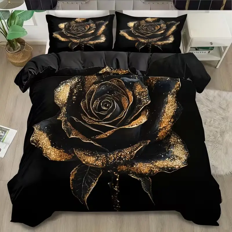 Gold Rose Print Bedding Set, 1 Duvet Cover + 2 Pillowcases, High-Definition Printing, Home & Dormitory Bed Linen