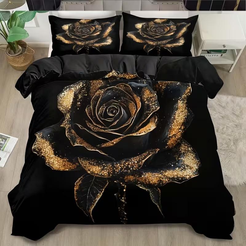 Gold Rose Print Bedding Set, 1 Duvet Cover + 2 Pillowcases, High-Definition Printing, Home & Dormitory Bed Linen