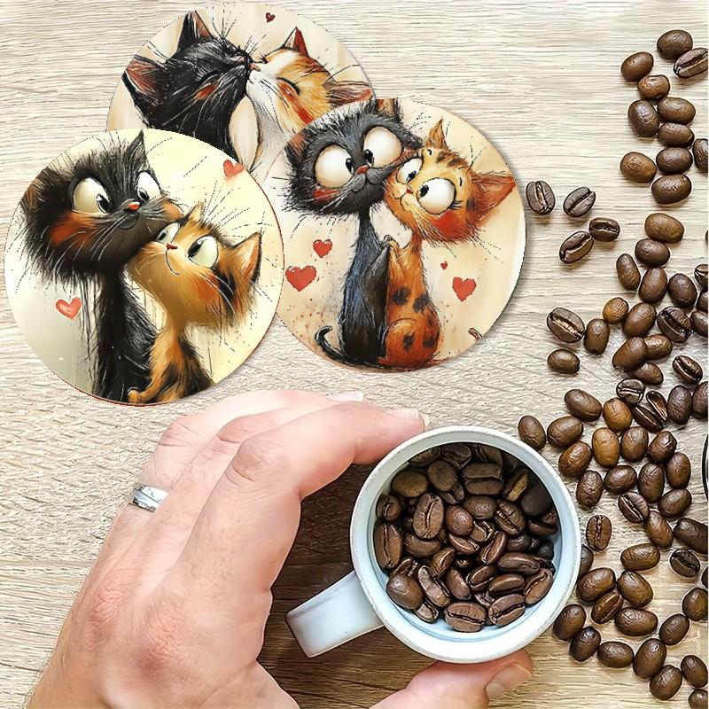 ☕ Cute Cat Wood Coasters Set of 6 - Aesthetic Couple Design for Coffee Lovers - Heat Insulation Pad for Kitchen Counter Tea Party - Rustic Home Decor Accessories