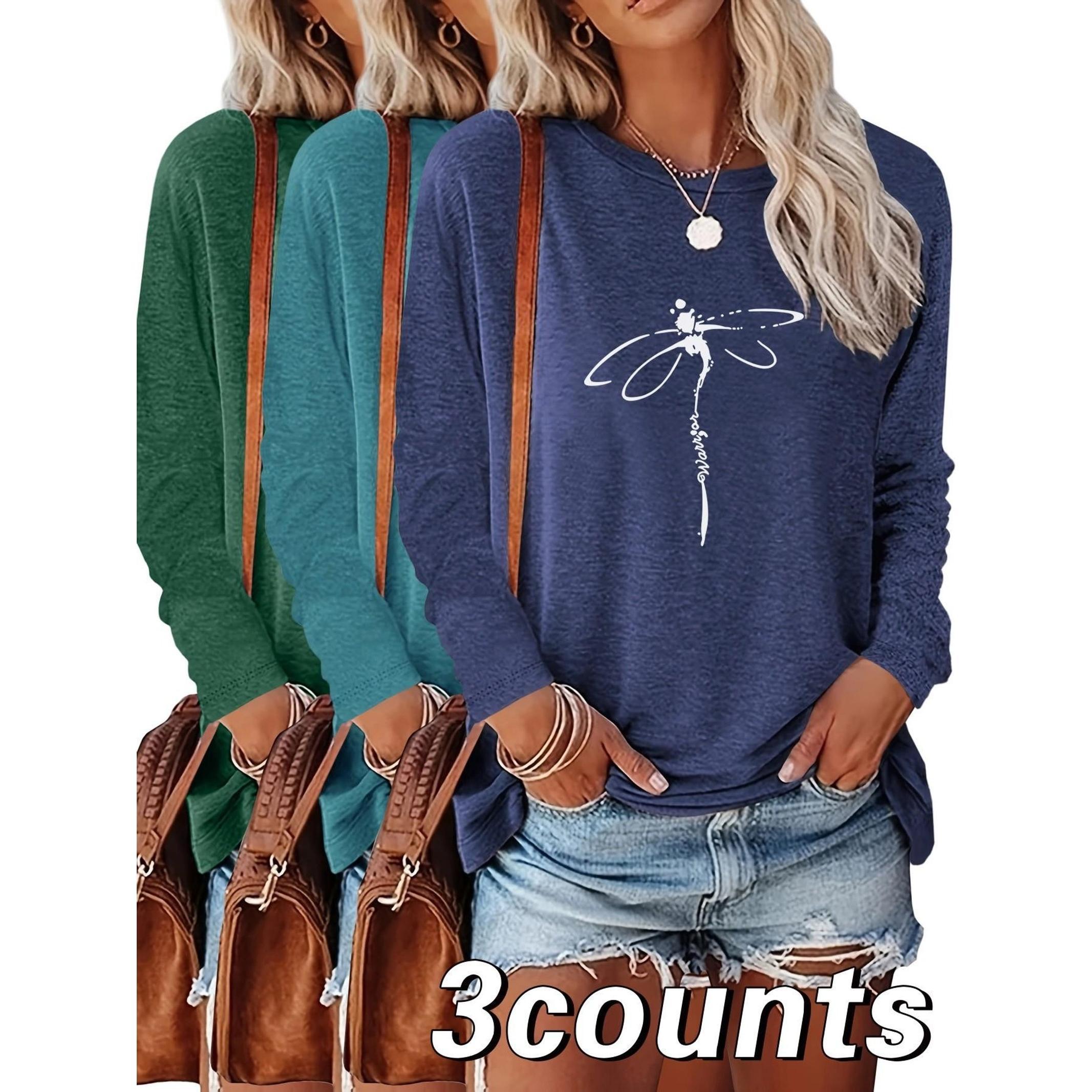 Women's Dragonfly Print Round Neck Tee, Casual Long Sleeve Crew Neck T-Shirt for Summer, Fashion Women's Top for Daily Wear, Everyday