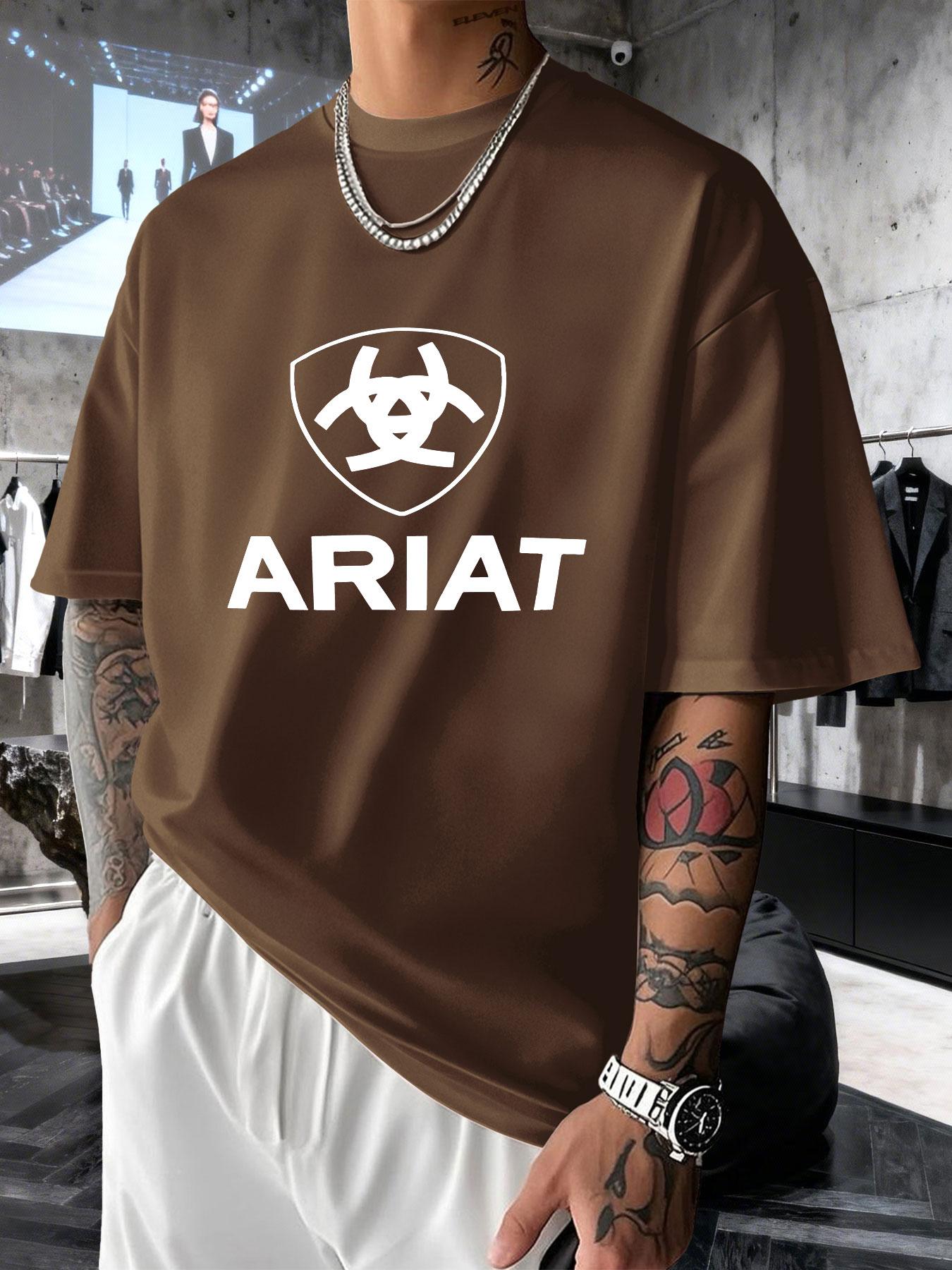 Men's Short Sleeve T-Shirt Summer Ariat Shield Logo Print, Western Cowboy Style Loose Fit Top, Casual Long Clothing for All Seasons