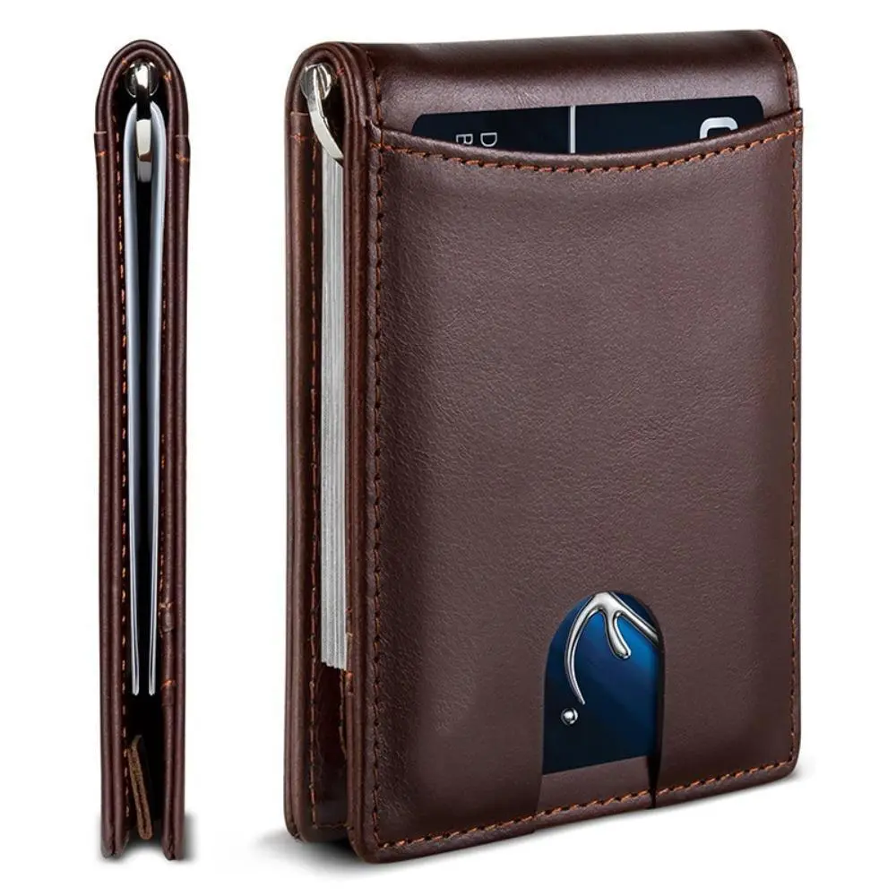 Minimalist Leather Wallet for Men RFID Blocking Slim Bifold Front Pocket Wallet Integrated Stainless Steel Money Clip Smart Pull Strap ID Window Brown