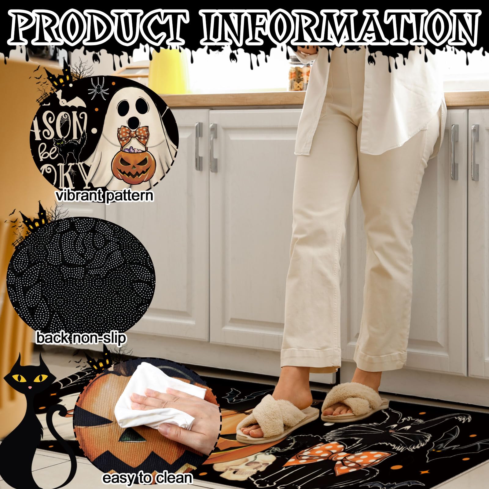 Halloween Kitchen Mat Ghost Rug Welcome Door Mat Halloween Decor Ghost Decor Non Slip Mat for Kitchen Bathroom Home Door Bedroom, Halloween Party Decorations