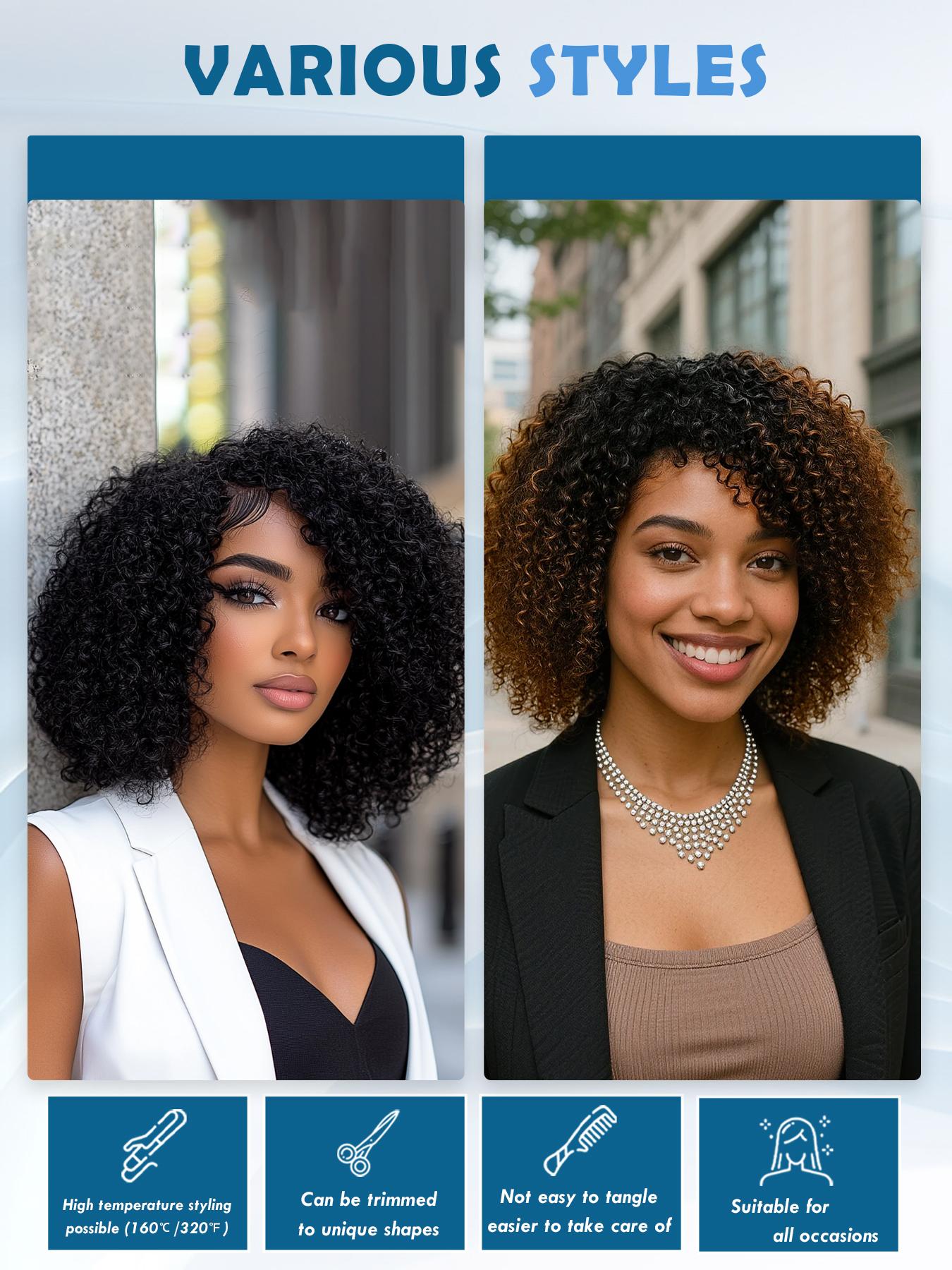 12 Inch Human Hair Wig Natural Curly Bob Soft Bouncy and Lightweight Ombre Brown with Black Roots Lace Front Wig with Pre Plucked Hairline Full Volume Daily Wear, Party, Glueless Hair Wigs, Glueless Frontal Wig
