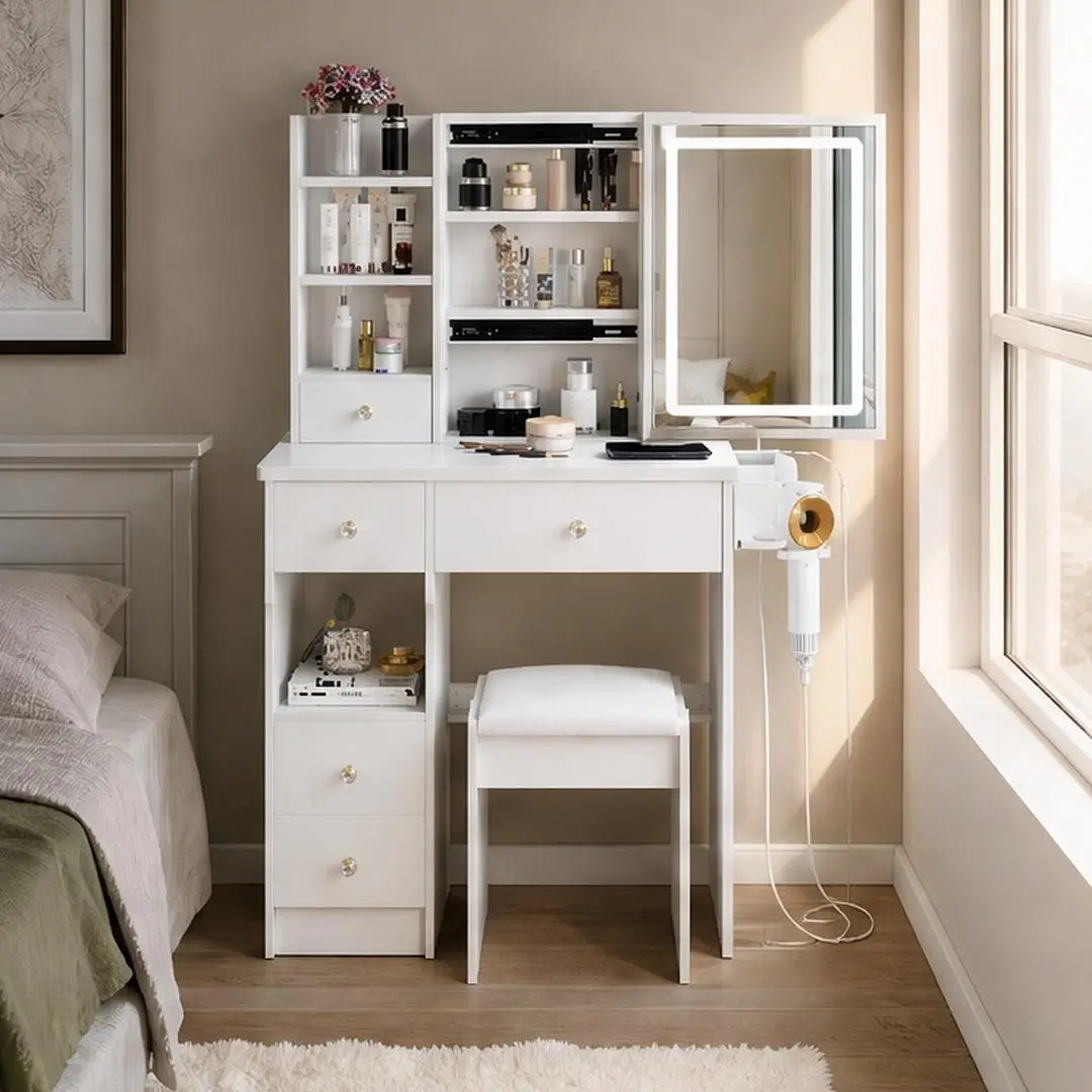 Small White MDF Vanity Table Set with Sliding LED Mirror, Cushioned Stool, Left Drawer, Power Station and Hair Dryer Bracket for Small Bedrooms