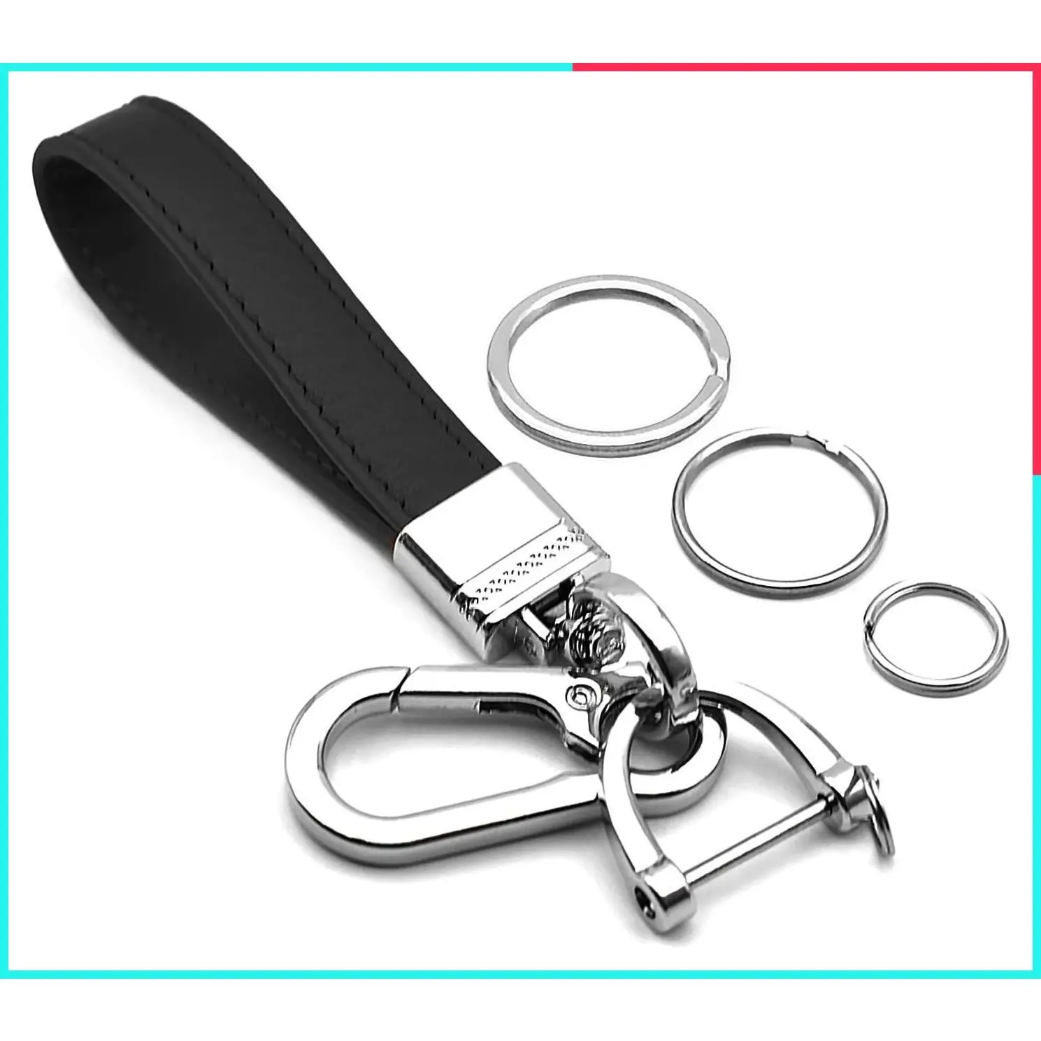 Multifunctional Black Genuine Leather Keychain with Metal Key Rings for Men & Women, 360° Rotatable Snap Swivel and Anti-Lost Screw for Car and Home