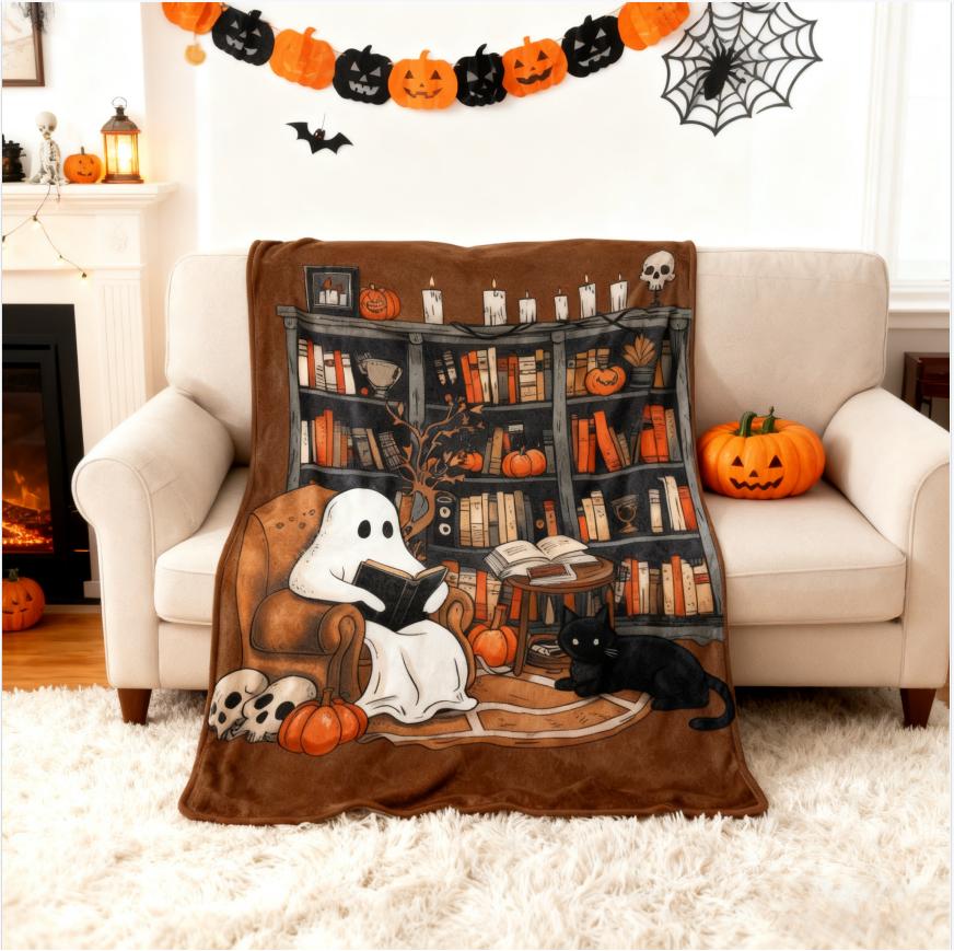 Clearance Sale Halloween Cute Ghost Throw Blanket with Bookshef Design Soft Cozy Blanket for Fall Reading Nook Autumn Winter Decor for Couch Sofa Bedroom Office Home Spooky Blanket Boo Basket Gift for Women Men Wife Book Lovers Outdoor Halloween Decor