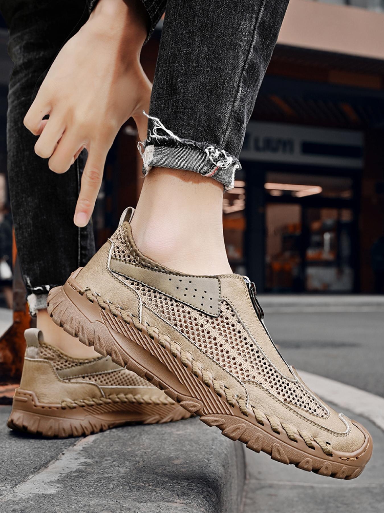 Men's Solid Color Mesh Zipper Toe Casual Shoes, Soft Sole, Non-Slip, Hand-Stitched, Breathable Slip-On Lazy Dad Shoes