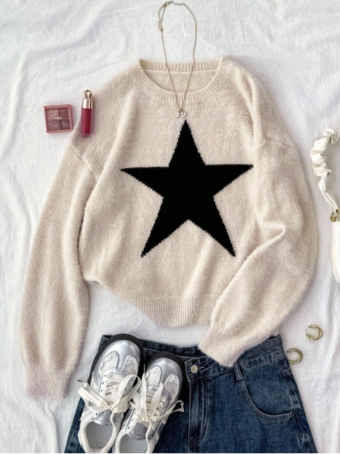 Women's Star Pattern Knit Pullover Long Sleeve, Soft Puffy Round Neck Sweater, Casual Fitted Fall/winter Clothing, Comfortable and Stylish