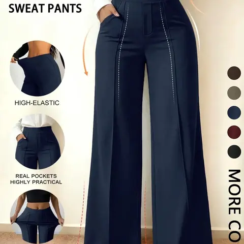 Wide Leg Commuter Pants, Front Center Split with Pockets, Loose Fit Slimming Suit Pants, Office Daily Wear, Casual Flowy Trousers, Baggy Design