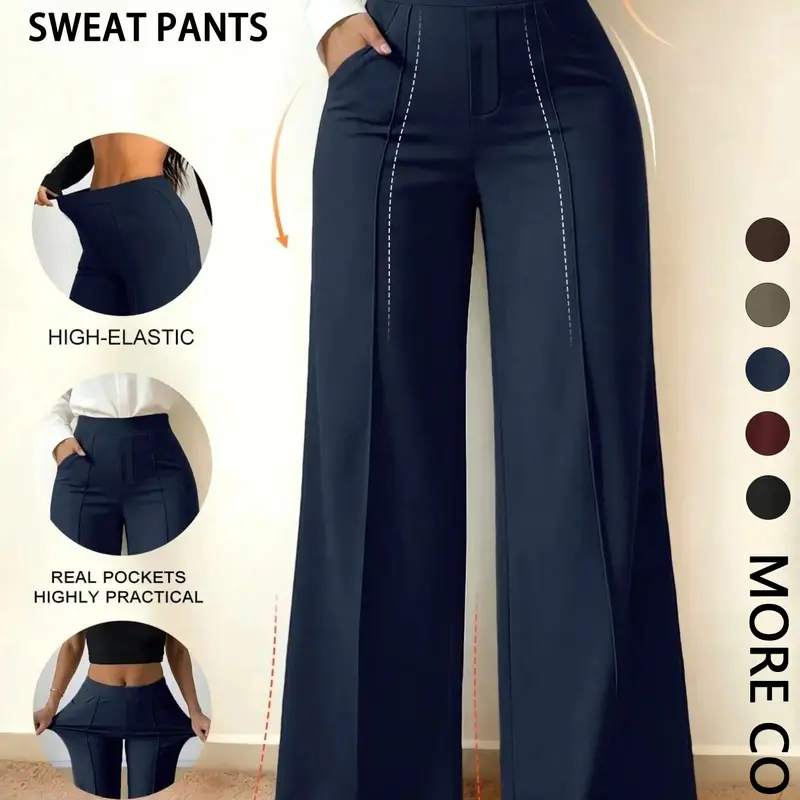 Wide Leg Commuter Pants, Front Center Split with Pockets, Loose Fit Slimming Suit Pants, Office Daily Wear, Casual Flowy Trousers, Baggy Design