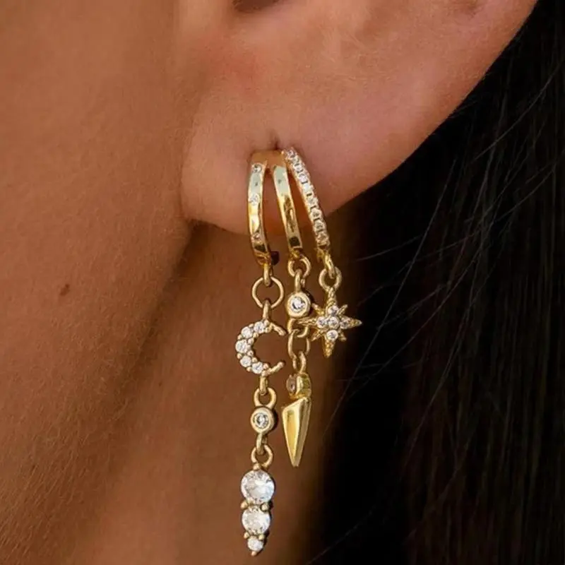 Women's earrings, fashionable three-hoop earrings, delicate dangling earrings, petite earrings, long teardrop chain earrings, jewelry that doesn't easily fade.