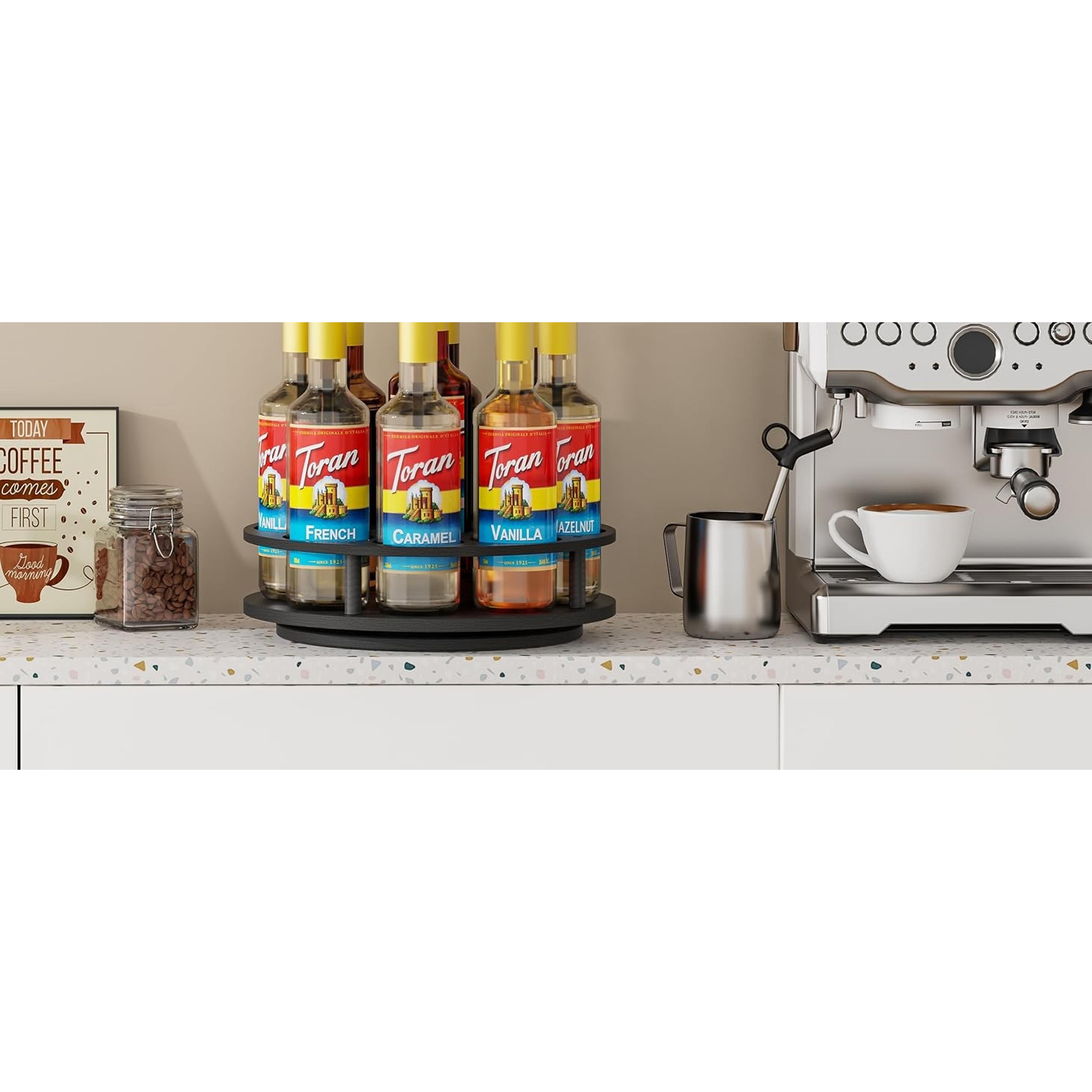 Rotating Coffee Syrup Organizer for Countertop, 9-Bottle Wooden Syrup Rack & Bottle Holder for Coffee Bar Station, Turntable Display Stand, Black