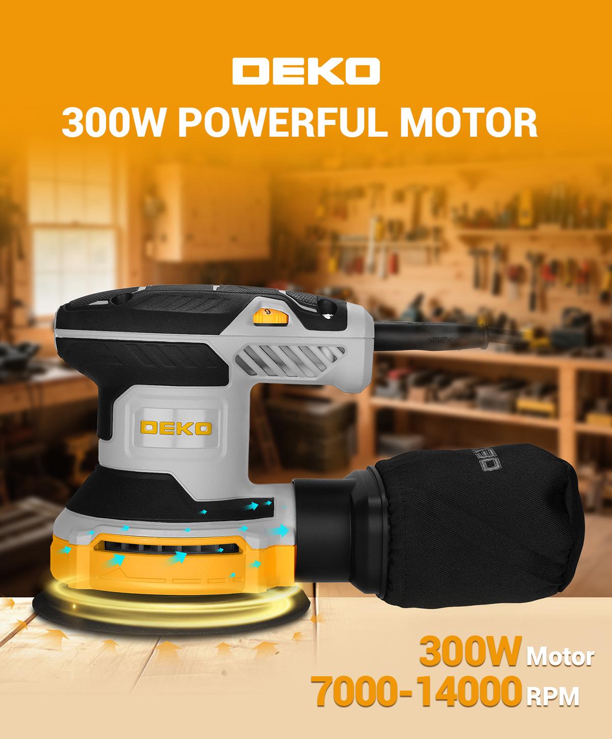 DEKOPRO Random Orbital Electric Sander with 16 Sandpapers, 14000RPM, 5-Inch, High Performance Dust Collection - For Woodworking DEKOPRO Random Orbital Electric Sander with 16 Sandpapers, 14000RPM, 5-Inch, High Performance Dust Collection - For Woodworking