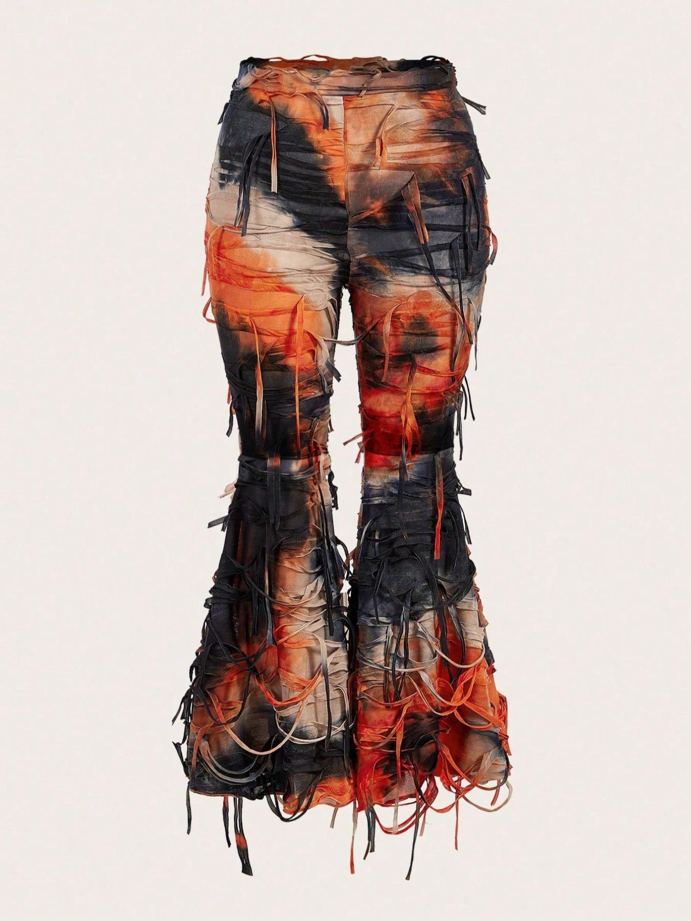 【Plus Size】 Tie Dye Ripped Flare Leg Leggings, Casual Comfy Bell Bottom Pants for Daily Wear, Women's Bottoms for All Seasons