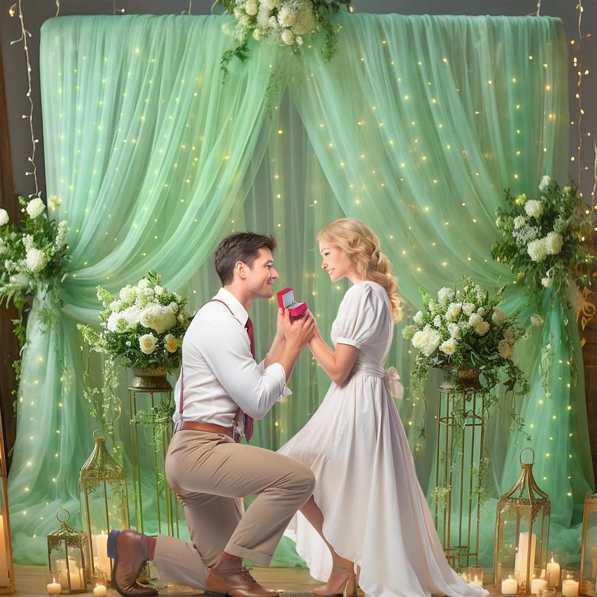 1set 9.84ft x 7.05ft White Sky Blue Pink Green Purple Champagne Sheer Backdrop Curtains with Lights for Baby Shower Wedding Bridal Shower Happy Birthday Party Decor Photobooth Props Holiday Festival Decor Home Decorative Hanging Ornaments