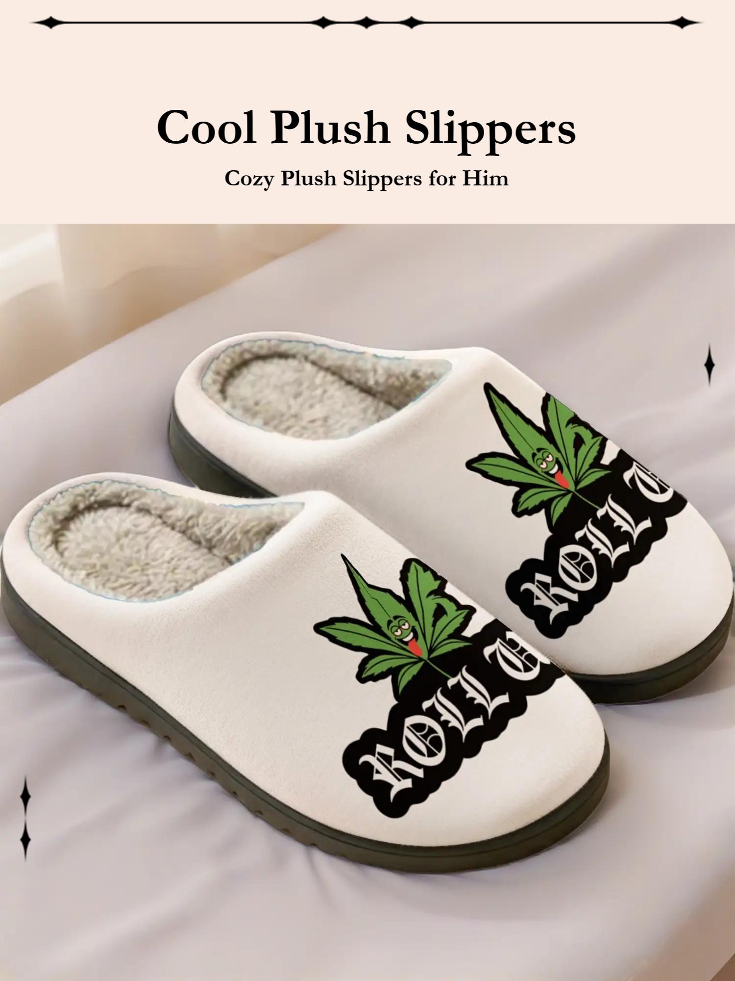 Roll Up Weed Leaf Cool Plush Slippers, Fluffy Home Slippers, Street Hip-Hop Style, Fleece Warm, Soft Feel, Winter Home Shoes for Young & Streetwear Lovers