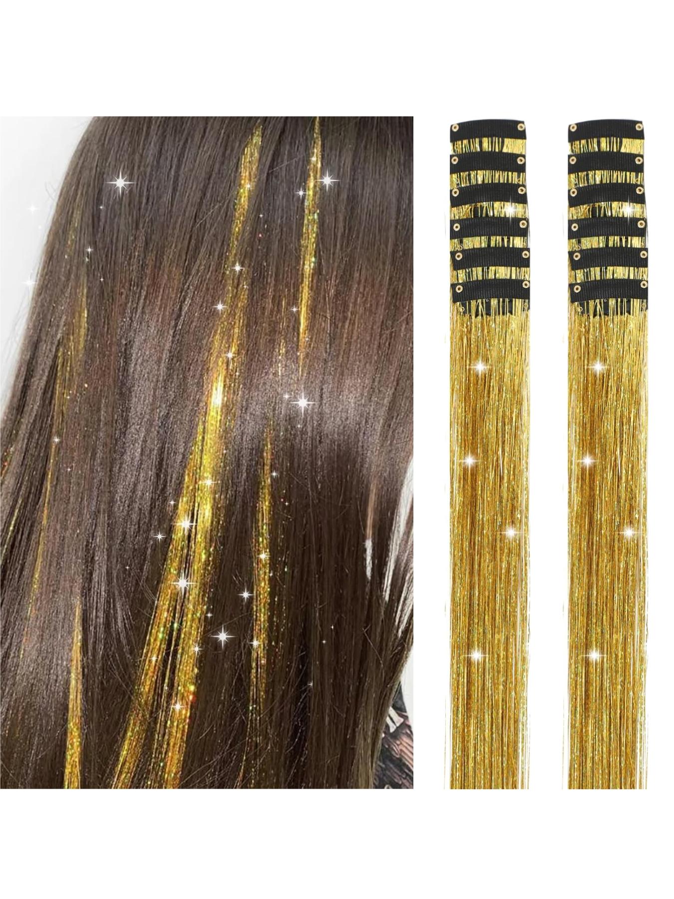 Rainbow Hair Tinsel Pack of 12 Pcs Clip in Hair Tinsel 20 Inch Glitter Tinsel Hair Extensions, Festival Tinsel Fairy Hair Extension Party Dazzle Hair Accessories Strands Kit Clip on Hairpieces