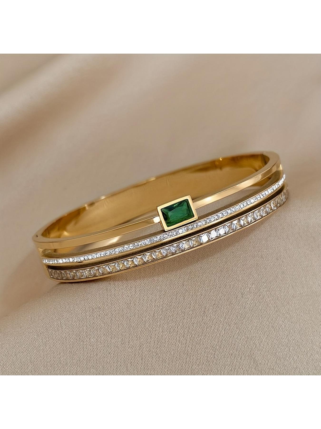 Luxury Stainless Steel Bracelet for Men Women Gold Waterproof Bracelet with Green White Diamonds Wide Band Jewelry New Year Valentine's Day Gift