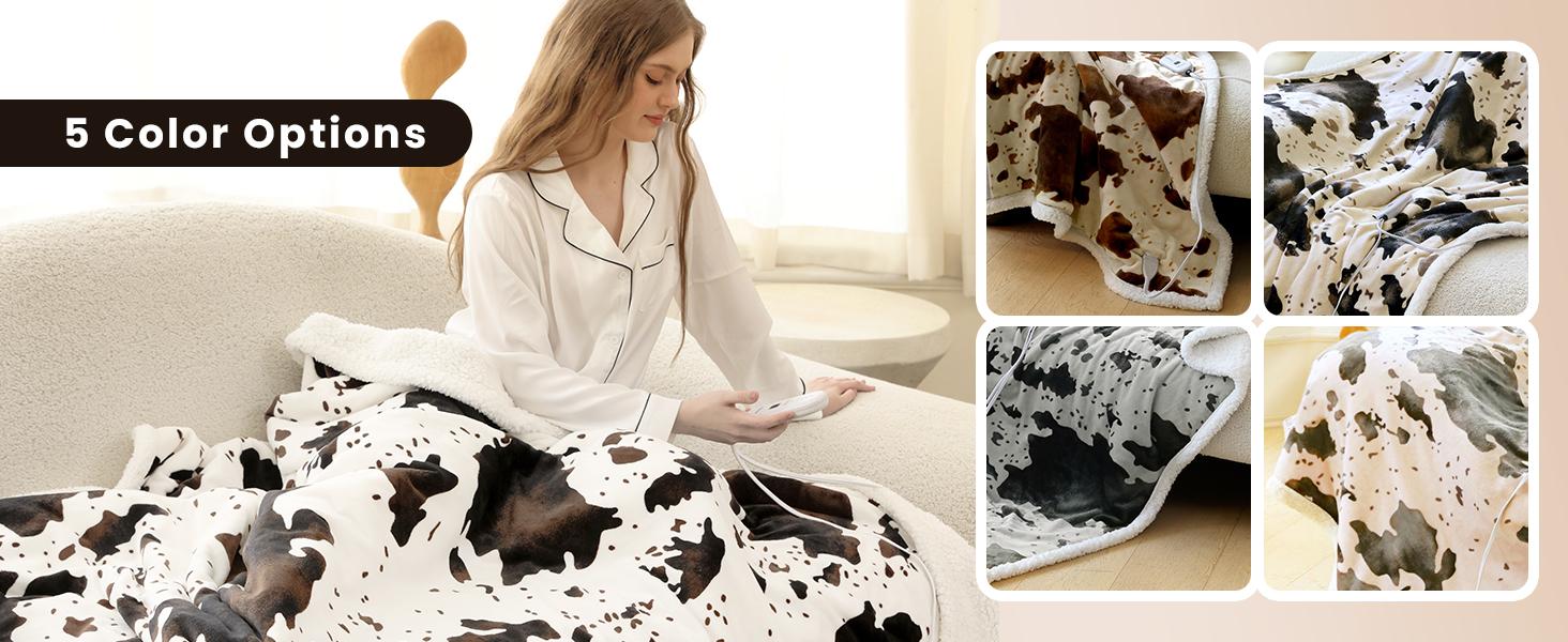 【Buy 2 get 1 poker blanket free】Blunique Cow-Print Heated Blanket, 5 Heat Levels, 4H Auto-Off, Machine Washable, Sherpa Flannel