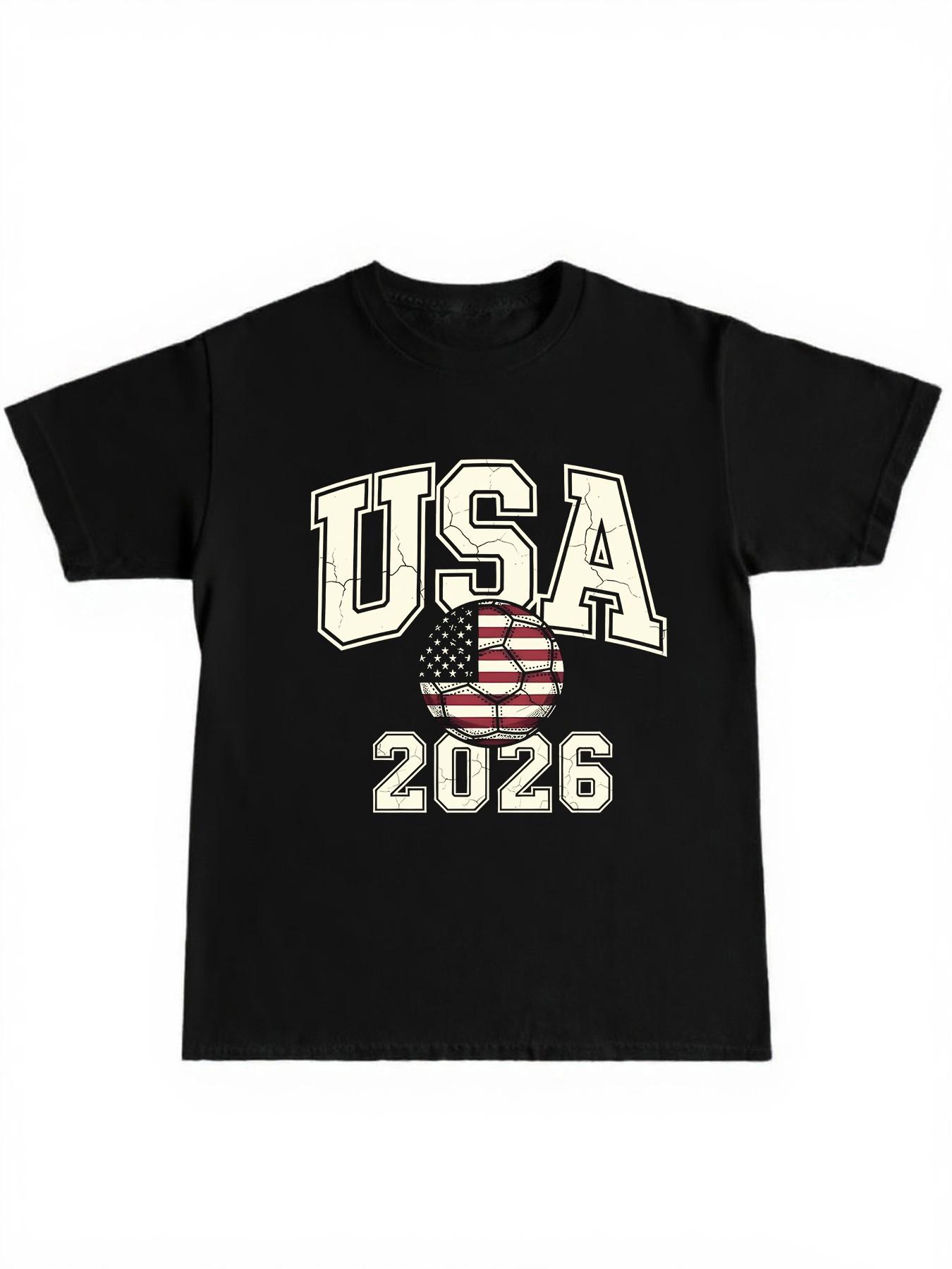 Usa 2026 American Retro Flag Football Print T-Shirt, Heavy Cotton Loose Short Sleeve, Usa Team Fan Support Shirt, Casual Fit