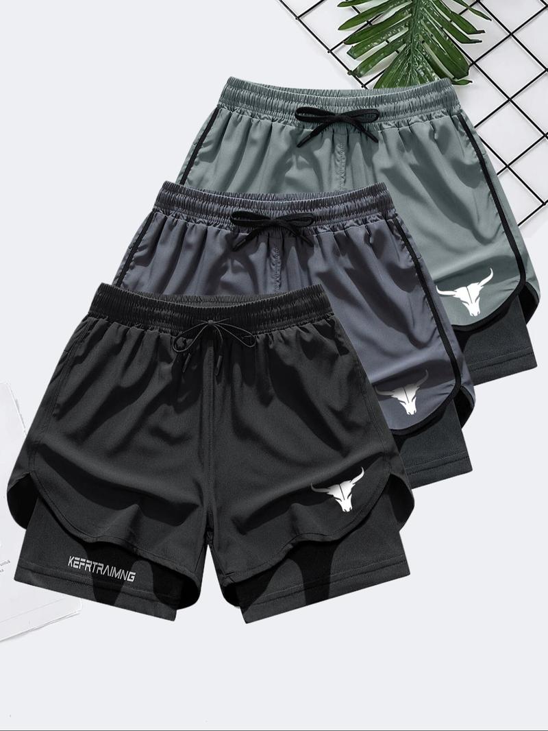 Men's Letter & Bull Head Print 2 in 1 Double Layer Drawstring Waist Gym Shorts, Regular Fit Casual Comfortable Breathable Quick Drying Anti Exposure Pocket Shorts for Gym Workout Running, Men's Bottoms for Summer