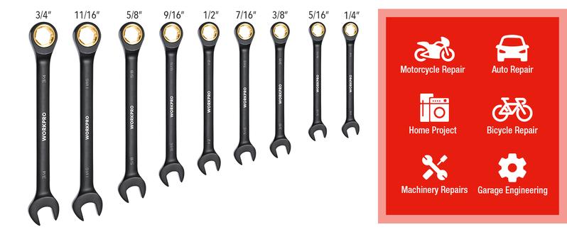 #JumpstartSale WORKPRO 9-Count Anti-Slip Ratcheting Combination Wrench Set, SAE 1/4"-3/4", 72-Tooth, Cr-V Constructed, Black Ratchet Wrenches Set with Roll Up Pouch
