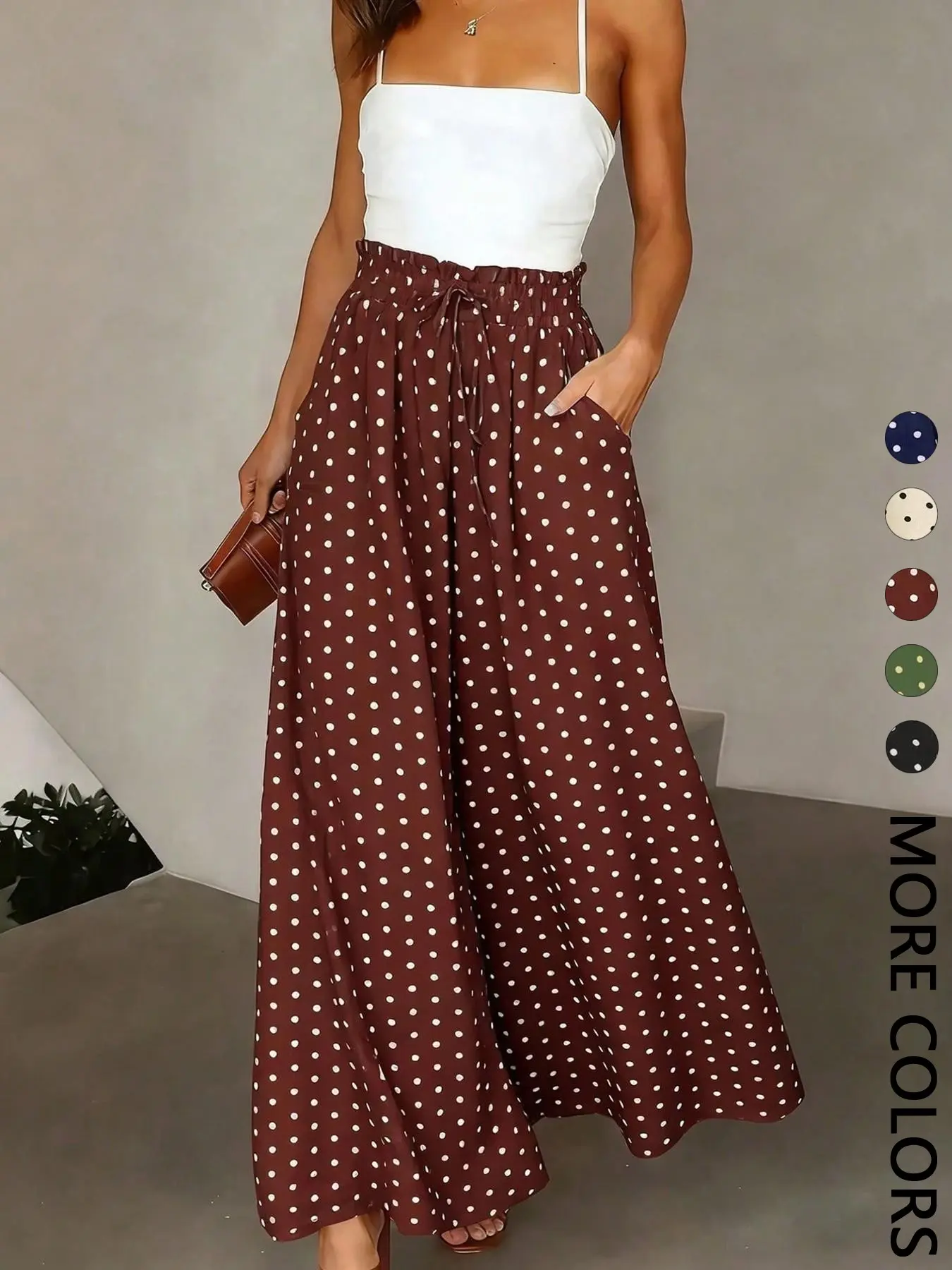 Spring Summer Retro Polka Dot High Waist Wide Leg Pants, Loose Fit Flowy Slimming Versatile Casual Commute Long Trousers, Loose Fitting Trousers