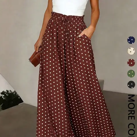 Spring Summer Retro Polka Dot High Waist Wide Leg Pants, Loose Fit Flowy Slimming Versatile Casual Commute Long Trousers, Loose Fitting Trousers