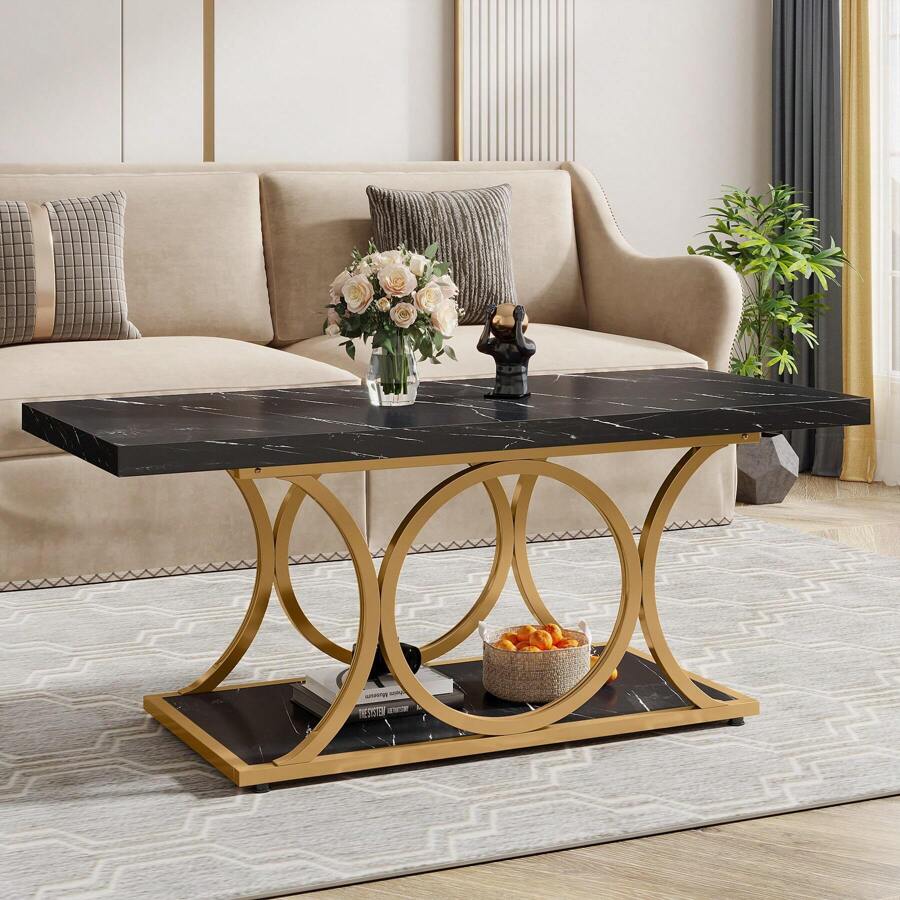 47.24 Inch 2-Tier Faux Marble Coffee Table, Irregular MDF Center Table with Gold Geometric Metal Legs, Waterproof Scratch Resistant Coffee Table with Open Storage Shelf, Easy Assembly Modern Home Furniture for Living Room Apartment