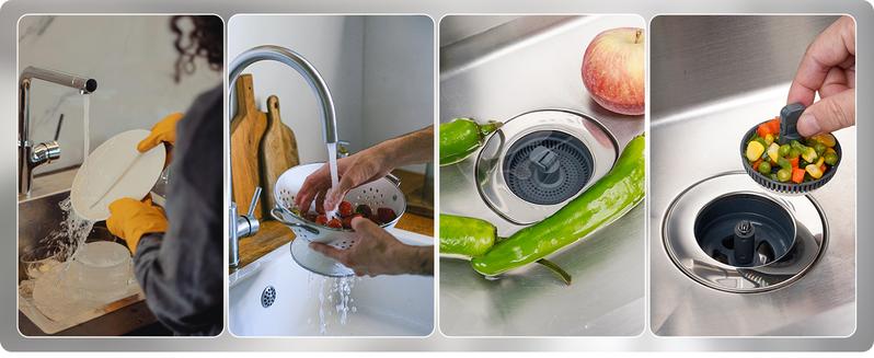 Hibbent 3 in 1 Kitchen Sink Drain Strainer and Stopper Combo, Chrome Stainless Steel Wraped Shell, Anti-Clogging Basket Strainer with Foldable Handle for US Standard 3-1/2" Drain