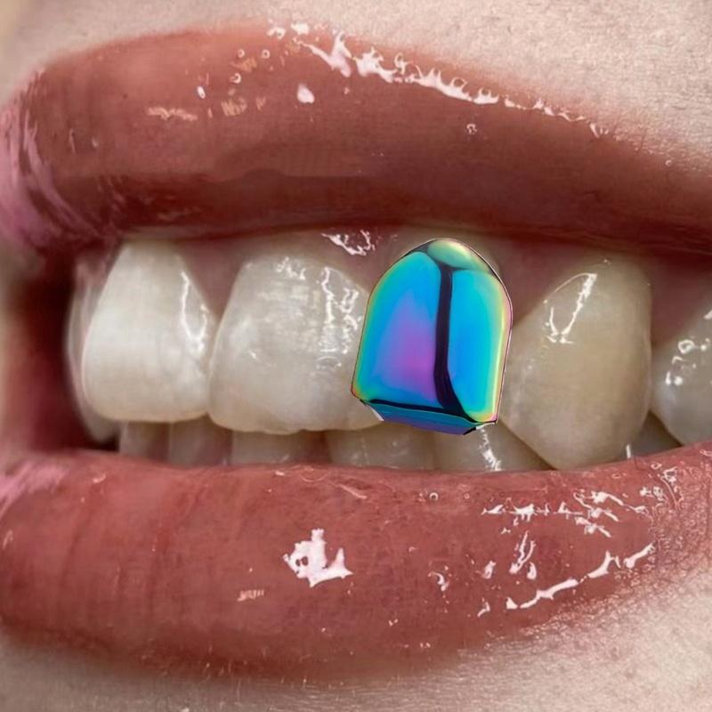 CRUSH CR Retro Futuristic Iridescent Single Tooth Grillz Cap 1pc for Men Women, High-Gloss Polished Finish, Hypoallergenic Removable, Ideal for Retro Tech-Themed Parties, 90s/00s Throwback Events, Cyber Goth Gatherings Urban Culture Festivals