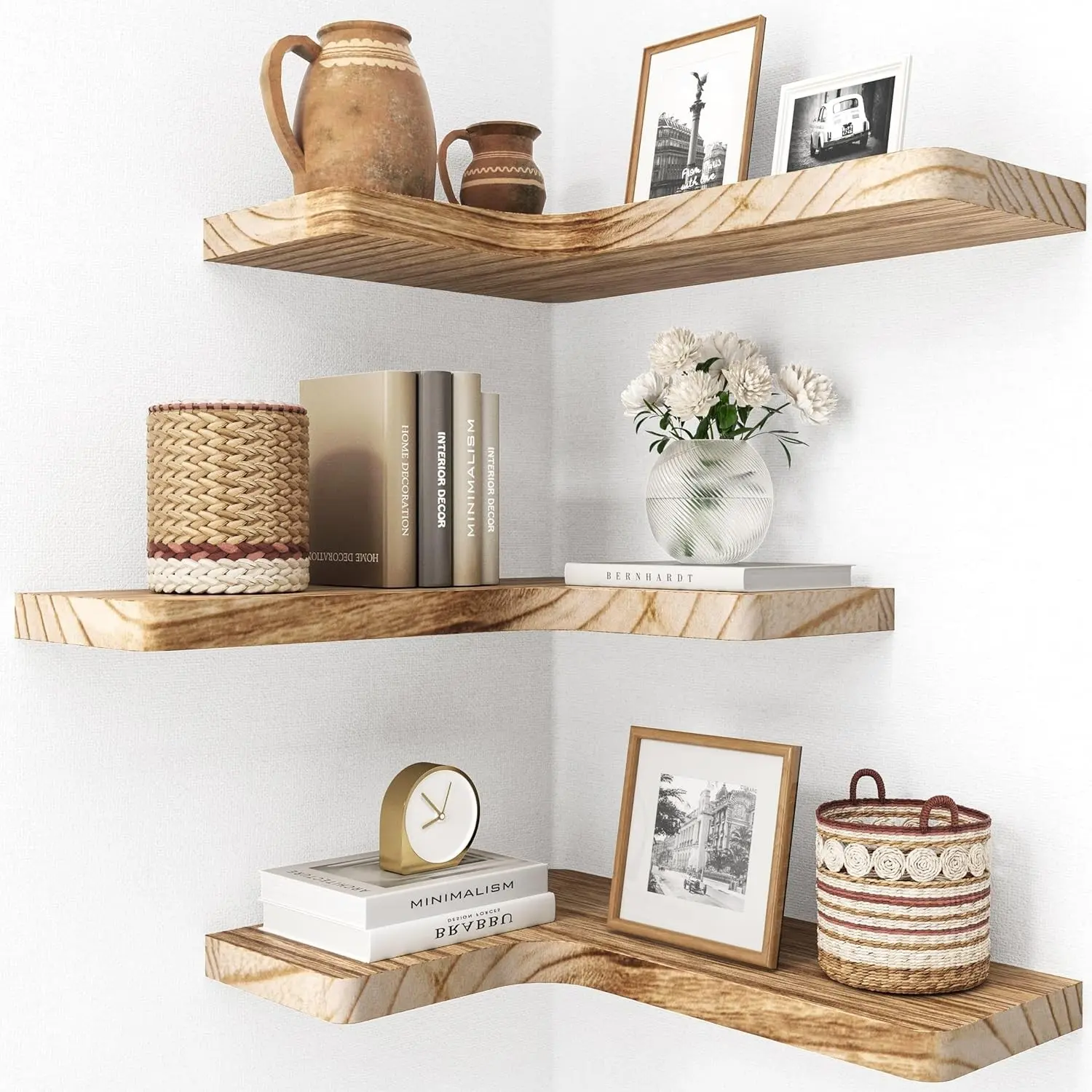 Floating Corner Shelves, Wall Shelf Set of 3, Shelves for Wall Storage, Solid Wood Shelves for Storage, Wall Mount Wooden Display Shelf for Bathroom Bedroom Kitchen Garage, Carbonized Black