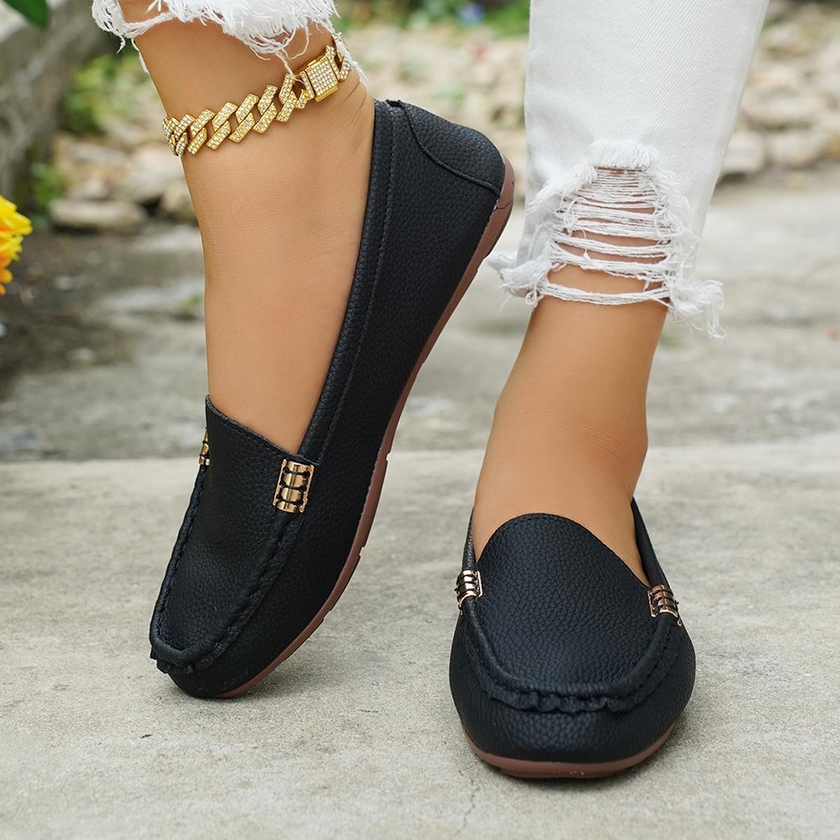 Women's Classic Plain Low Heel Shoes, Fashionable and Sexy, High-End Slant Metal Chain Decoration, Comfortable Casual Loafers, Slip On Shoes