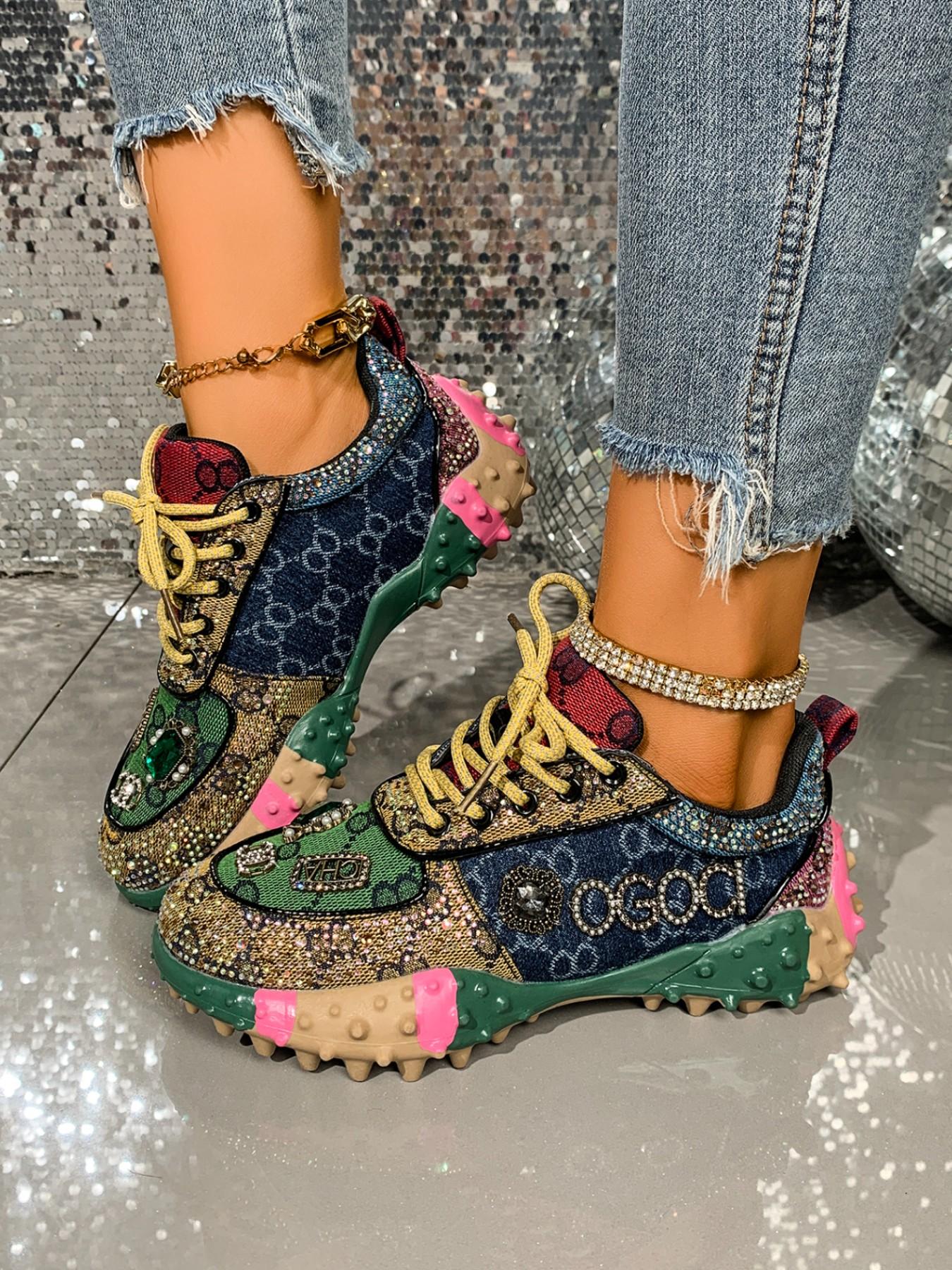 Vintage Colorblock Thick Sole Fashion Shoes, Unique Design Sequins Casual Sports Sneakers, Stylish Low-Top Footwear for Women & Men