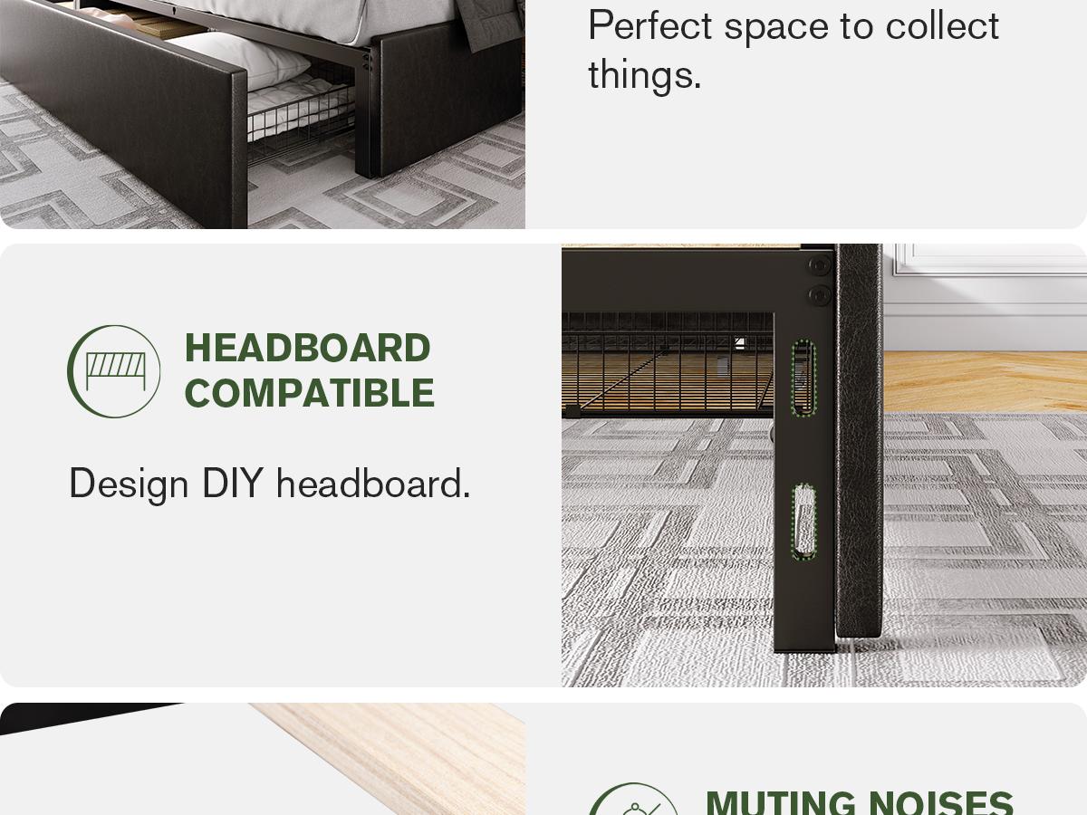 MUTICOR Platform Bed with 3 Storage Drawers, Faux Leather/ Linen Fabric Upholstered【Frame Only No Mattress】Wood Slats Support,No Box Spring Needed, Noises Free,Black/ Dark Grey#TikTokShopBlackFriday #ChristmasGifts