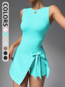 Women's Solid Color Tie Side Crotchless Sports Romper, Casual Sleeveless Round Neck Skinny Romper for Yoga Gym Workout, Ladies Sportswear for Summer