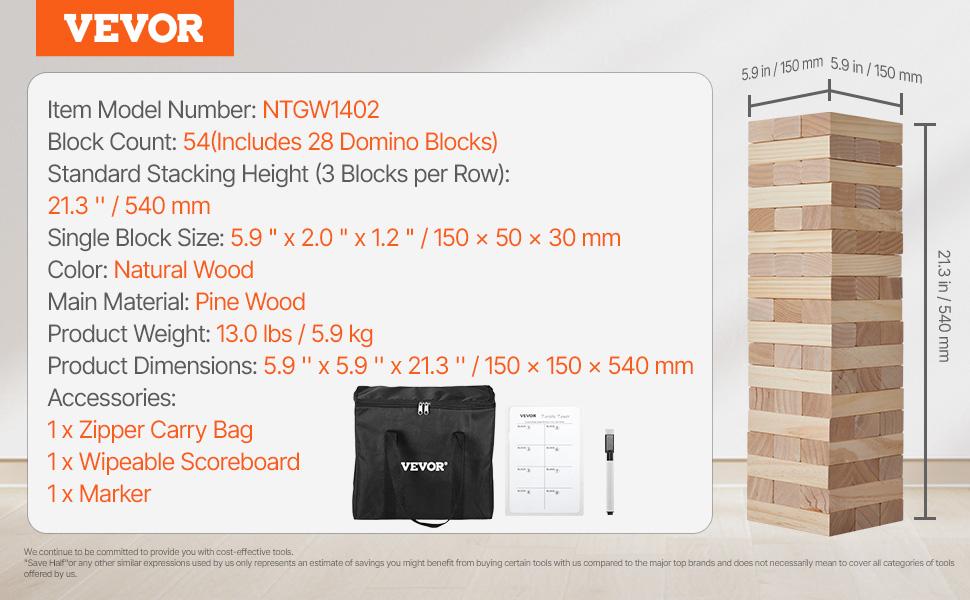 VEVOR Tumbling Timber Toy, 54 Blocks Large Tumble Tower Blocks Game, Pine Wood Tumbling Tower Game with Carry Bag and Scoreboard, Wooden Stacking Game, Tumble Tower Family Games for Indoor/Outdoor