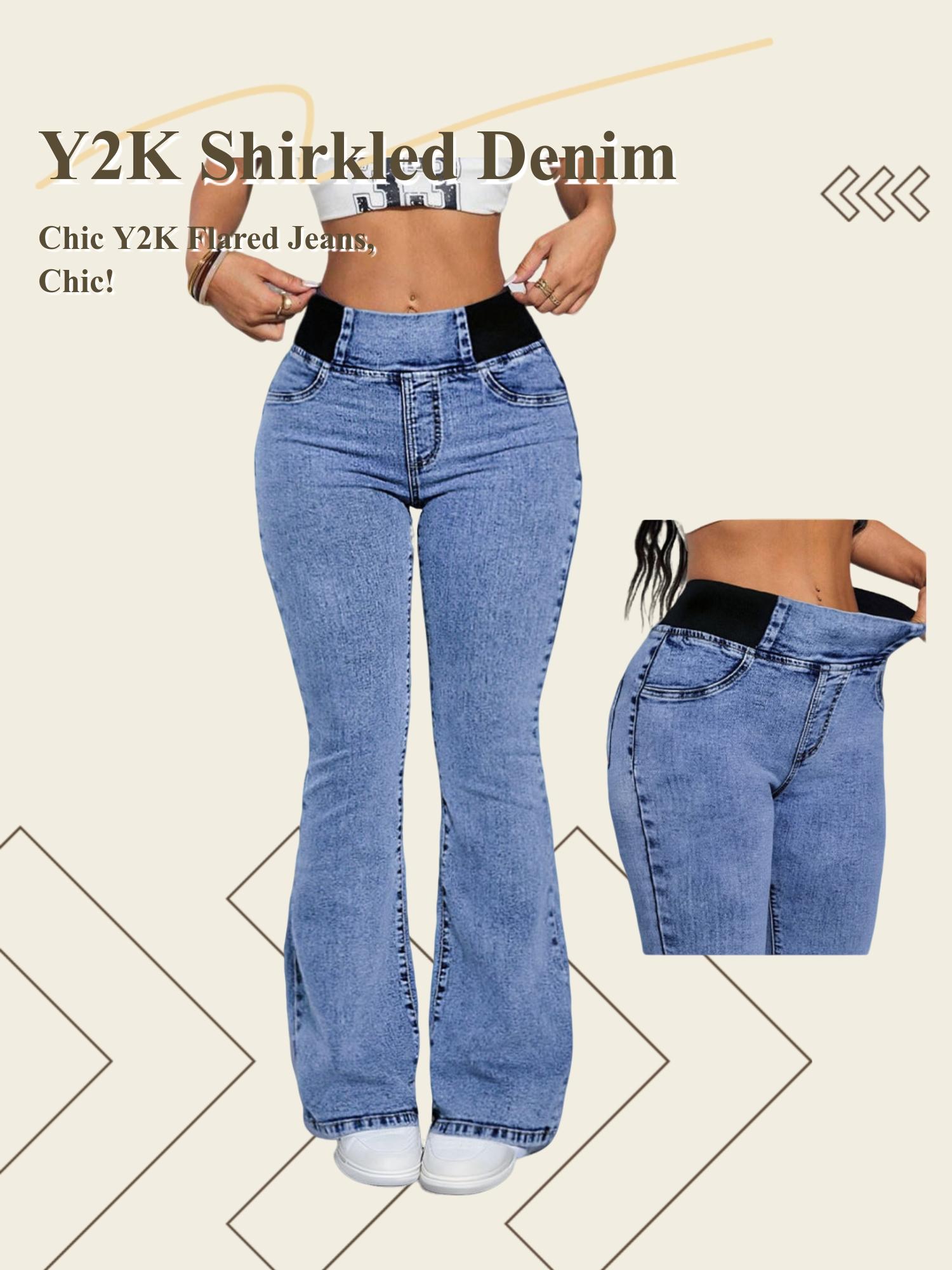 GILIPUR Y2K 2026 Women's Back Shirred Jeans, Mid - Rise Elasticity Waist Flared Jeans, With Pockets, Light Blue Washing Process, Kardashian Style, Women's Bell - Bottoms Wide - Leg Jeans, Waist - Cinching Design, Tchic Pants