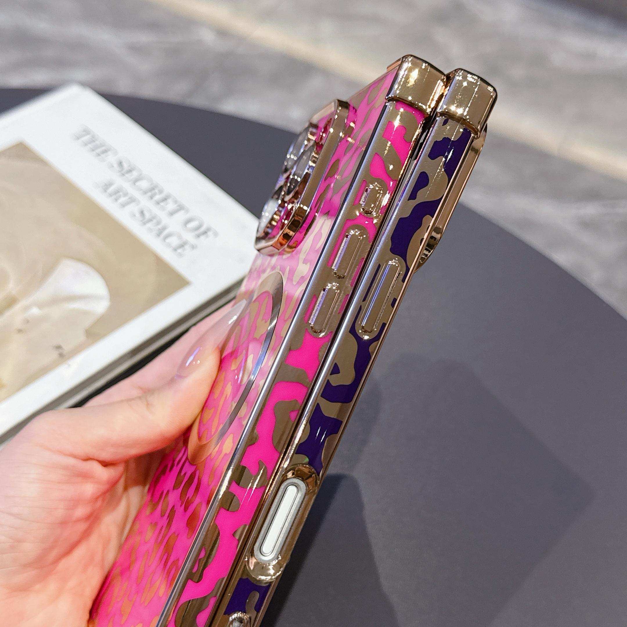 Luxury Leopard Print Shiny Square Edge Phone Case, Cover, Casing, Compatible with iPhone 16 15 14 13 Pro Max, Magnetic Wireless Charging Protection, Accessories