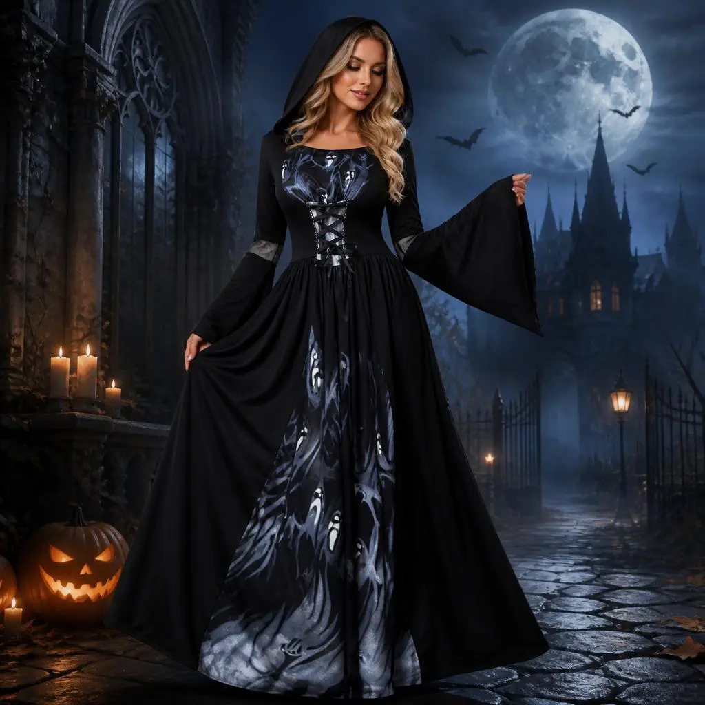 Women's Hooded Witch Halloween Long Dress - Gothic Wizard Cosplay Gown with Skull-Print Flare Sleeves for Party Events