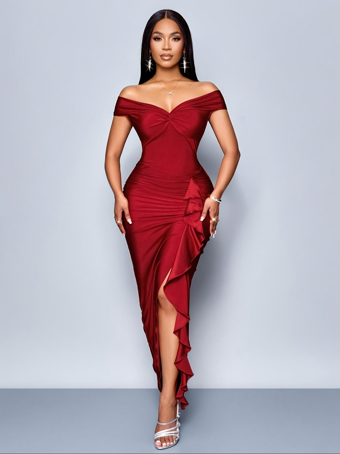 Women's Elegant Off-Shoulder Bodycon Dress, Ruched Details, High Slit, Asymmetrical Hem, Suitable for All Seasons