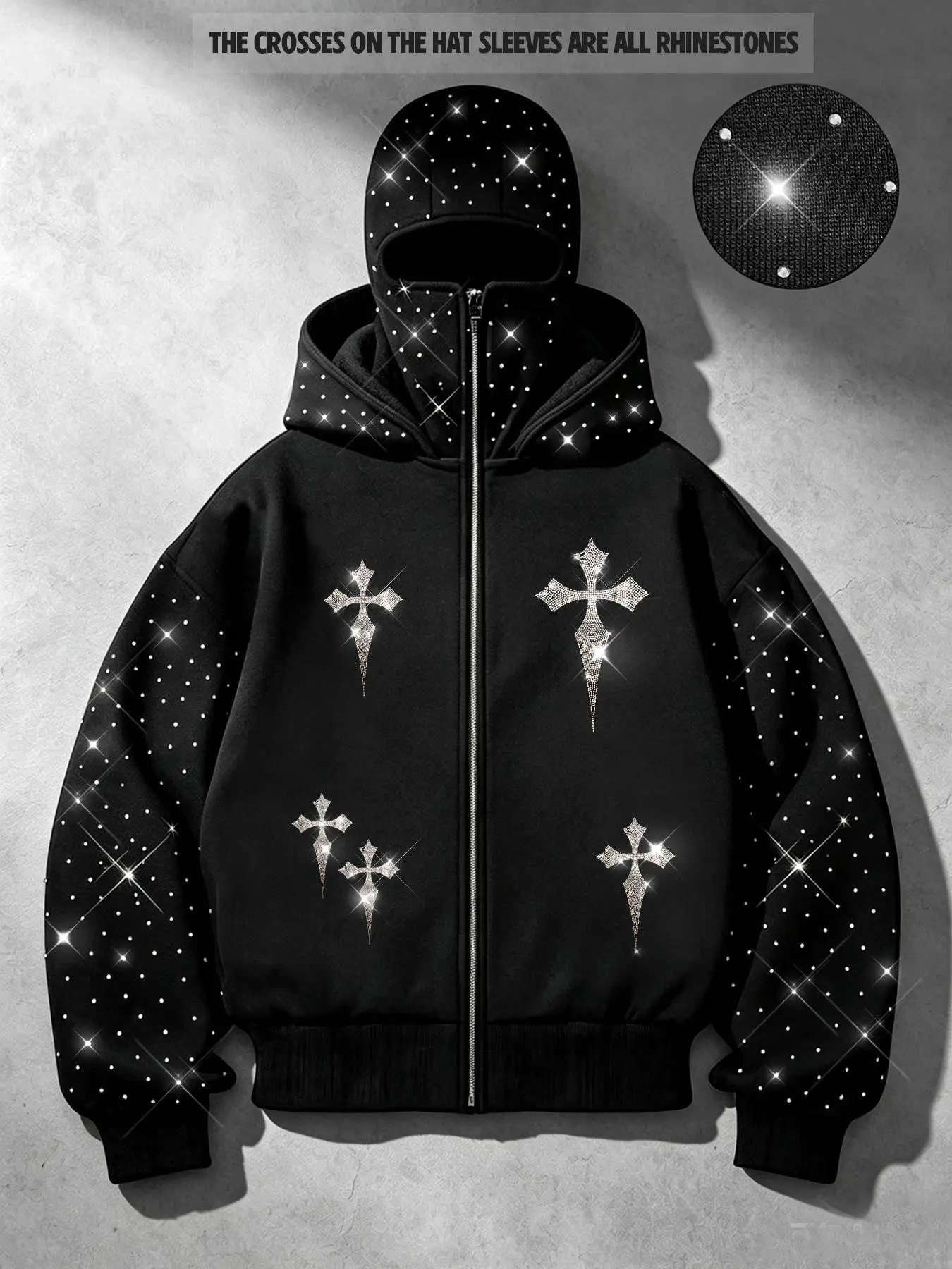 Dark, high-street, functional men's double-hooded zip-up jacket with rhinestone cross design on sleeves, featuring an integrated rhinestone embellishment on the hood and face shield. Oversized, loose-fitting, drop-shoulder style, unisex streetwear jacket.