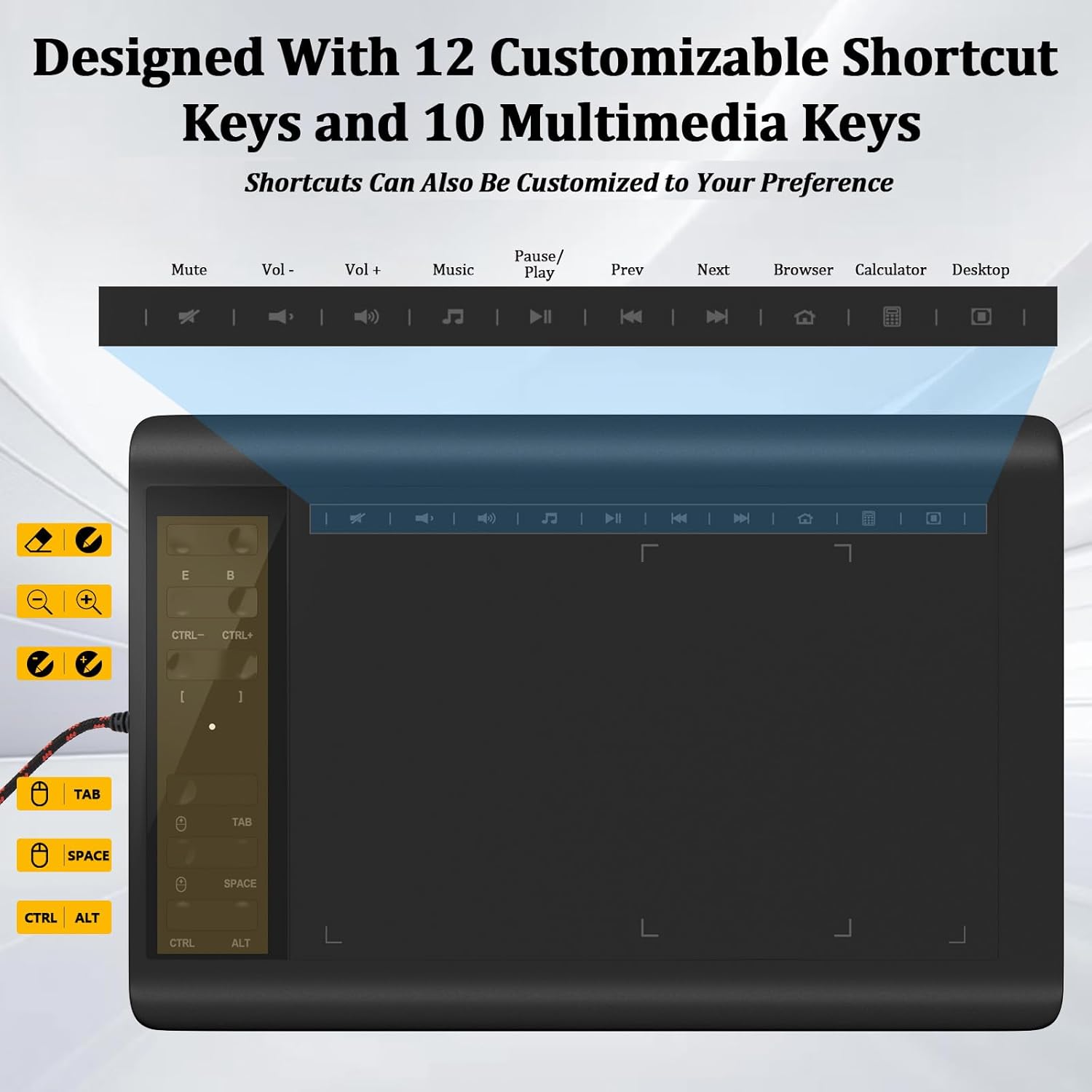Graphics Drawing Tablet 10 x 6 Inch Large  Area with 8192 Levels -Free Pen and 12 Hot , Compatible with Windows//Android for Painting, Design &  Teaching, Black