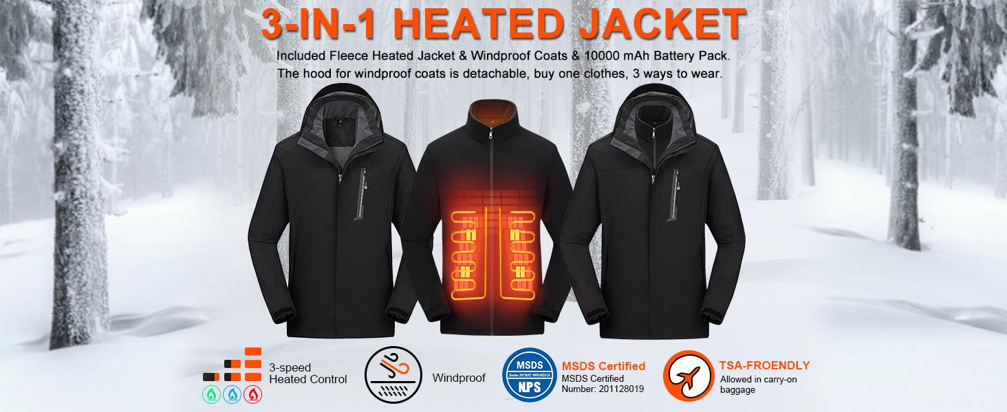 [Power Bank or Battery Pack Not included] Unisex 3-in-1 Puffer Coat Waterproof Heated Jacket with Massage Removable Warm Iiner Fleece Jackets