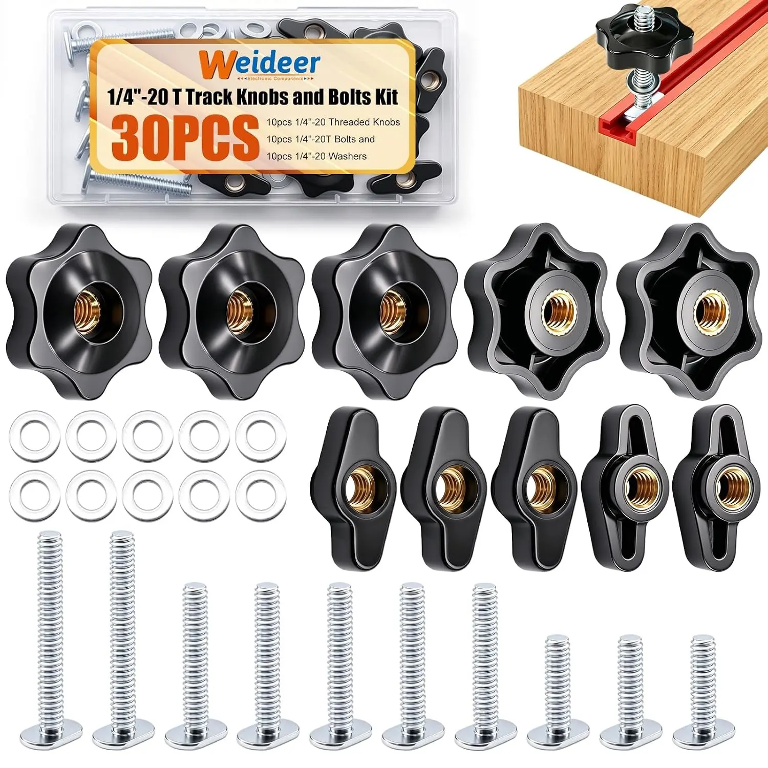 30PCS 1/4"-20 T Track Bolts and Knobs Kit, T Track Accessories, 1/4"-20 Threaded Knobs T Slot Bolts and Washers for Woodworking Jigs and Fixtures