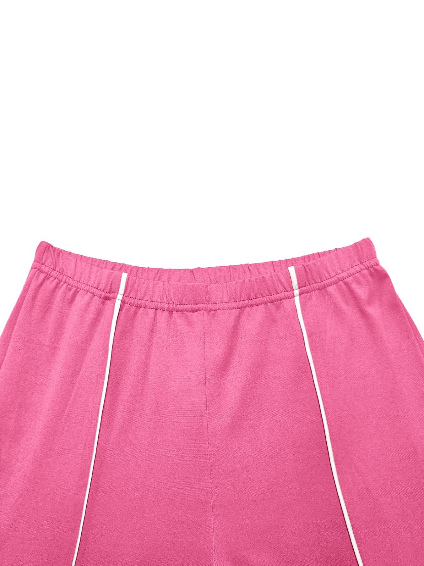 Summer Fashion New Round Neck Solid Color Striped Patchwork Short Sleeve Fitted Top with Long Pants Set, Women's Two-Piece